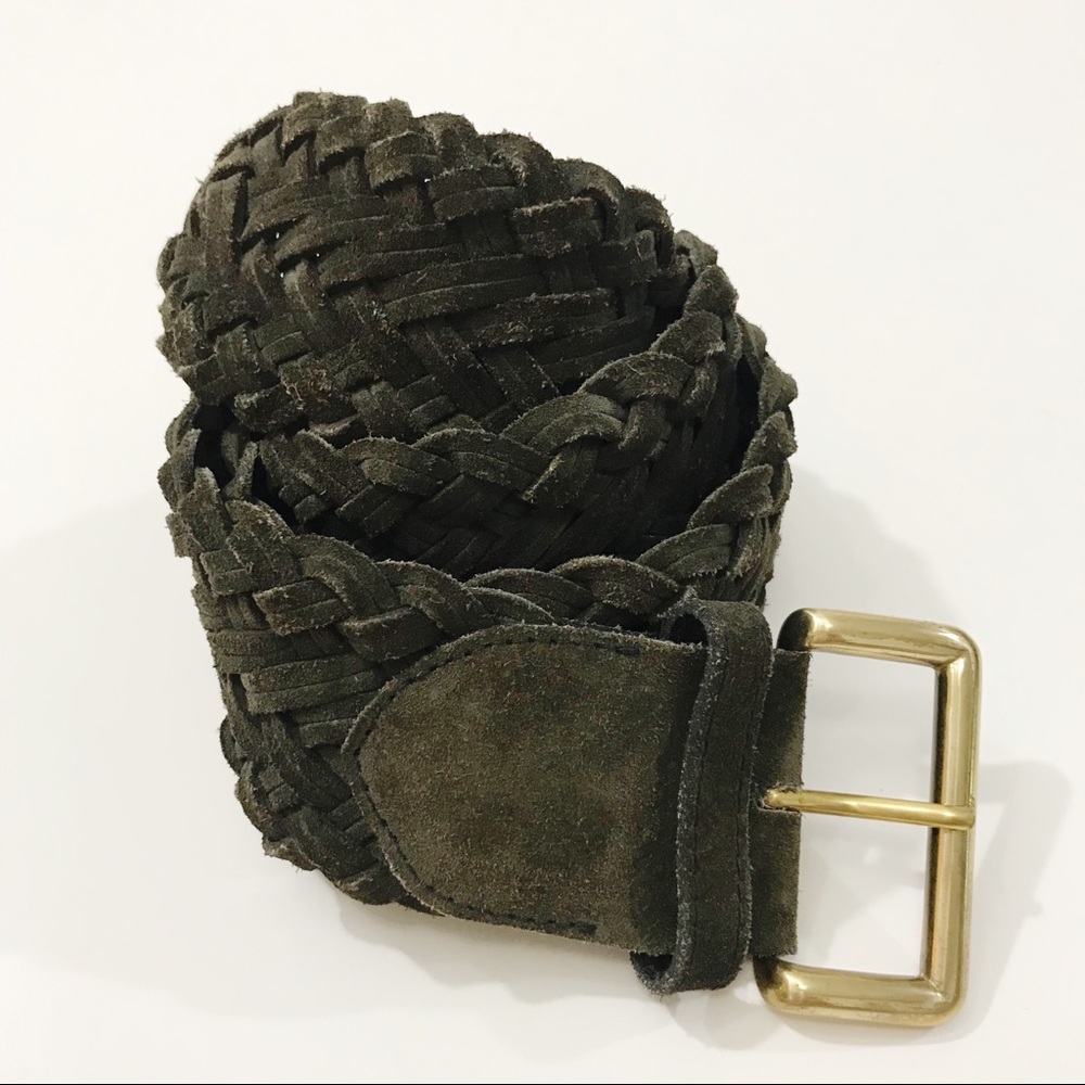 Olive Green Suede Braided Belt Gold Buckle